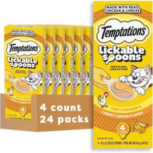 Lickable Spoons, Sot Lickable Cat Treats, Adult Wet Cat Treats, Chicken and Cheesy Cheese lavor, 4 Spoons, Pack o 24 (96 Total)