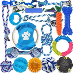 15-Pack Dog Toys for Teeth Cleaning, Teething, Chew, Rope, Squeaky, Treat Balls, Rubber, Reduce Anxiety, Variety Set
