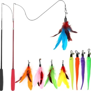 Retractable Cat Wand Toy with 9 Feather Refills, Interactive Teaser for Kitten Play & Exercise